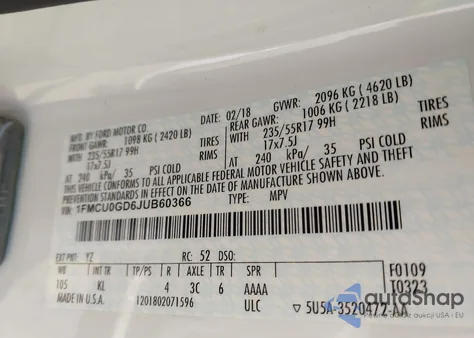 2018 Ford Escape Se из США, поврежденный, VIN 1FMCU0GD6JUB60366